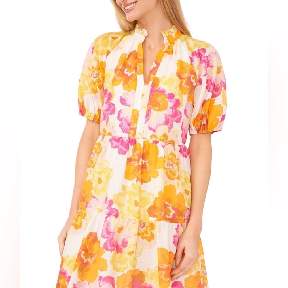 CeCe Tiered Split Ruffle Collar V Neck Baby Doll Floral Dress SZ M Pink Yellow - Picture 3 of 9